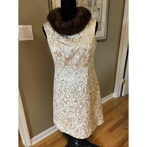 Joseph Magnin 1960 gold brocade real mink collar cocktail dress sz 8/10 back zip